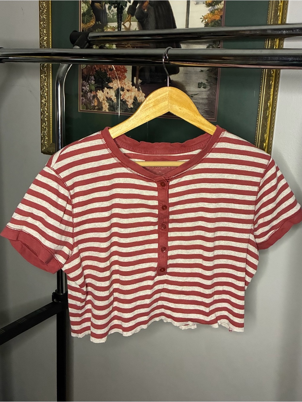 Sonoma Cropped Henley in Pink and White